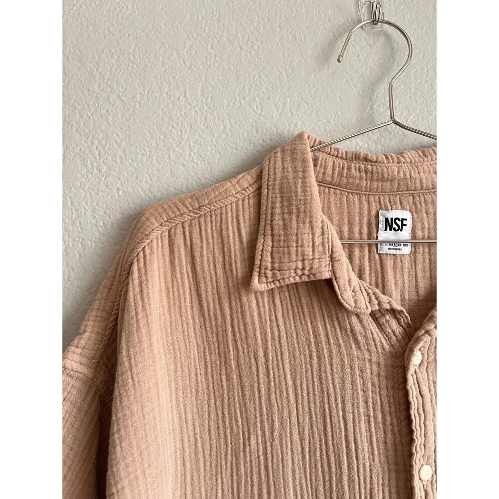 NSF Women's Marks Relaxed Short Sleeve Button Up in Biscuit Size LARGE - Picture 2 of 6